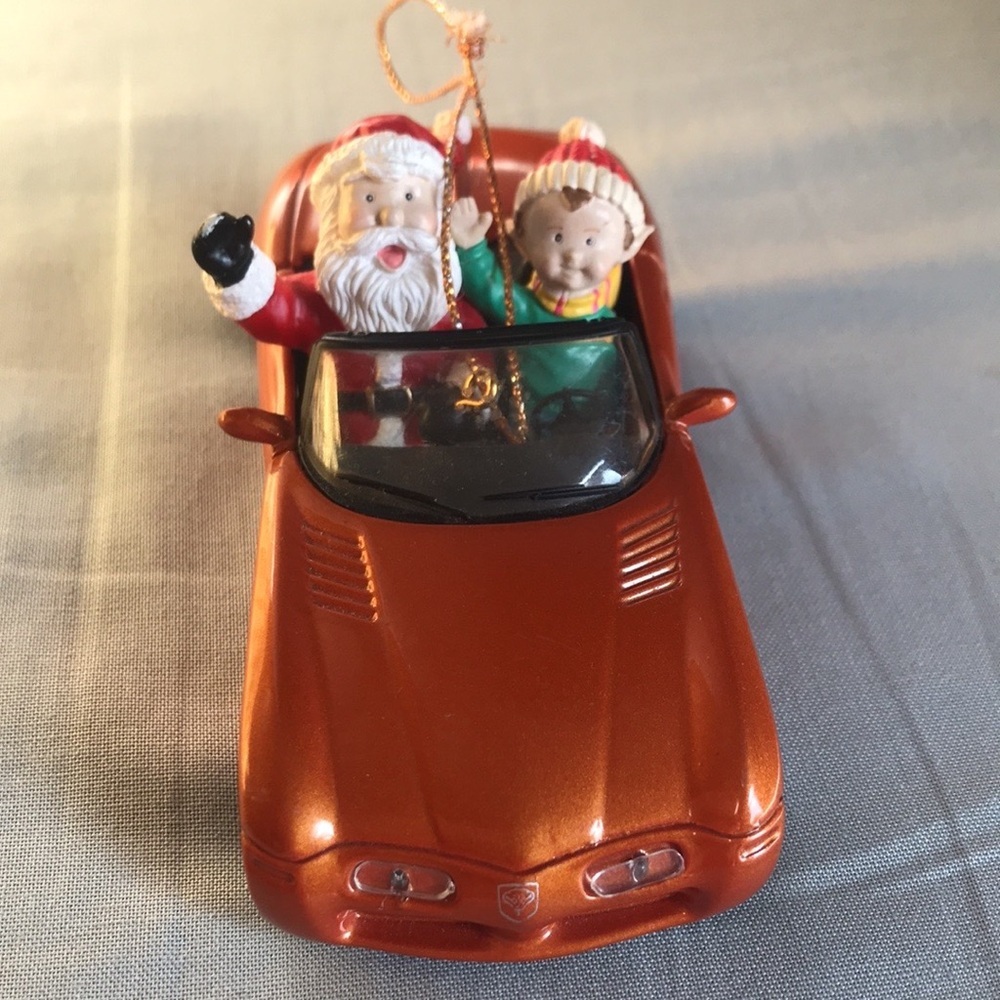 Vintage Maisto Dodge Orange convertible car Santa Claus & Elf Christmas ornament